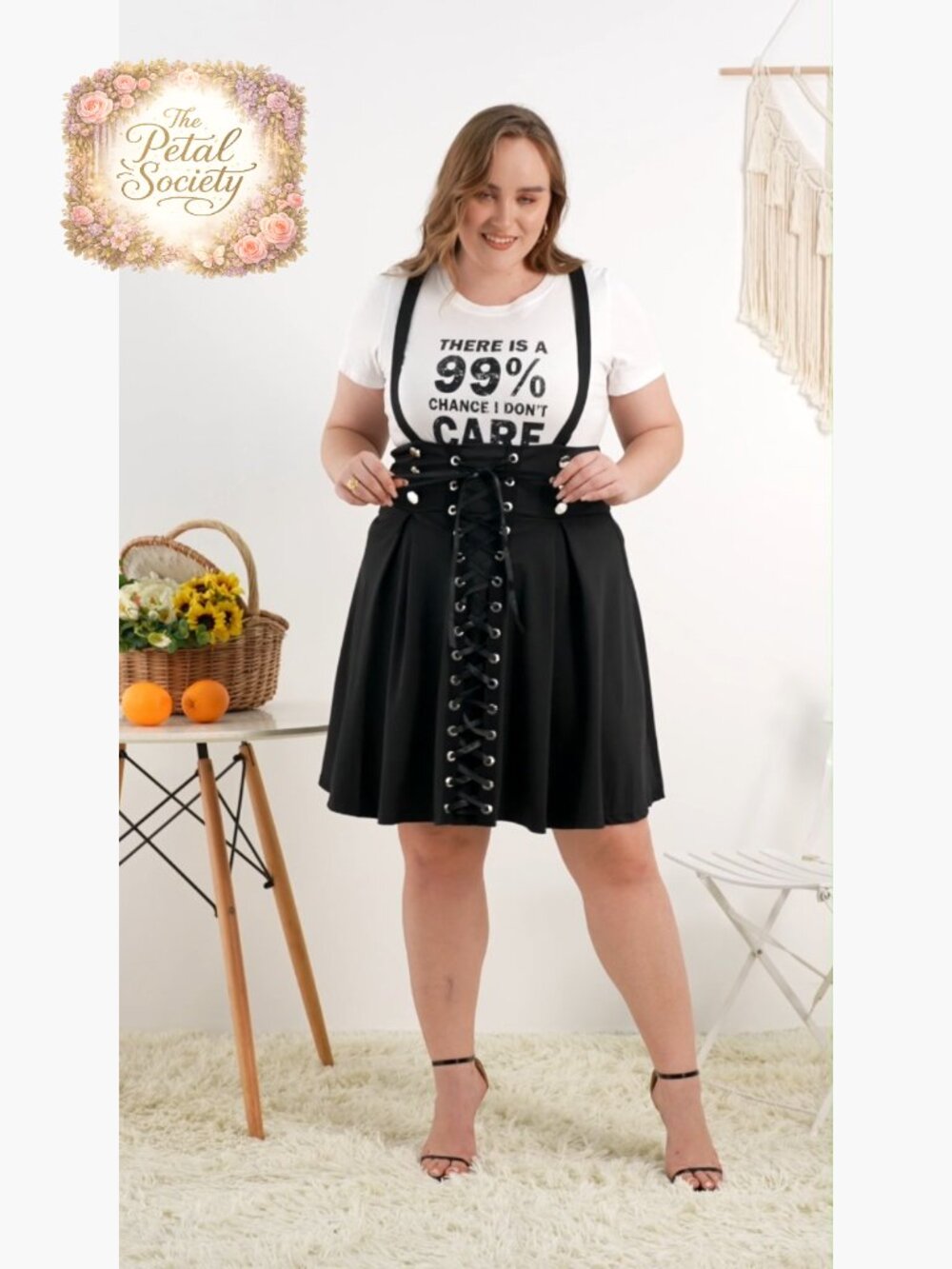 Plus Size High Waist A-Line Skirt with Lace Up Buckles and Godet Hem - Picture 6 of 6